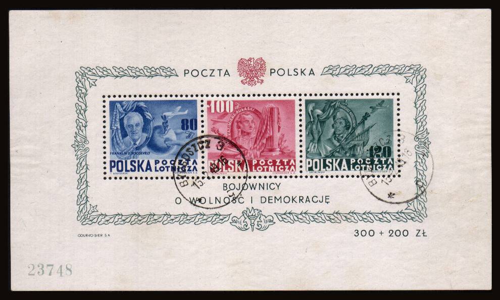 Honouring Presidents Roosevelt, Pulaski and Kosciuszko<br/>
A superb fine used minisheet cancelled with two steel CDS strikes for BYDGOSZCZ dated 15.2.49.<br/>Only 25,000 were produced. A very rare minisheet. SG Cat 900.00