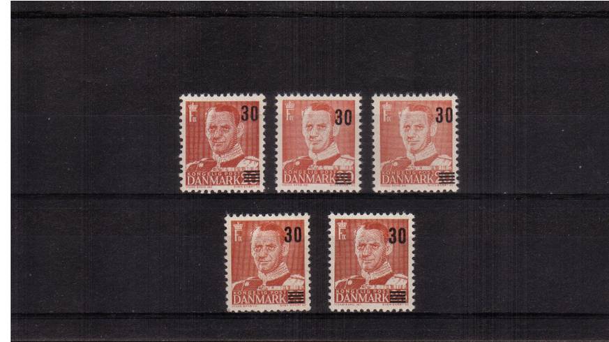 30or on 20or Red. The complete set of five as per specialist catalogue.<br/>Top row 1955 Type I, II, and III.<br/>Bottom row 1956 Type I and II all superb unmounted mint as per Lightouse album.