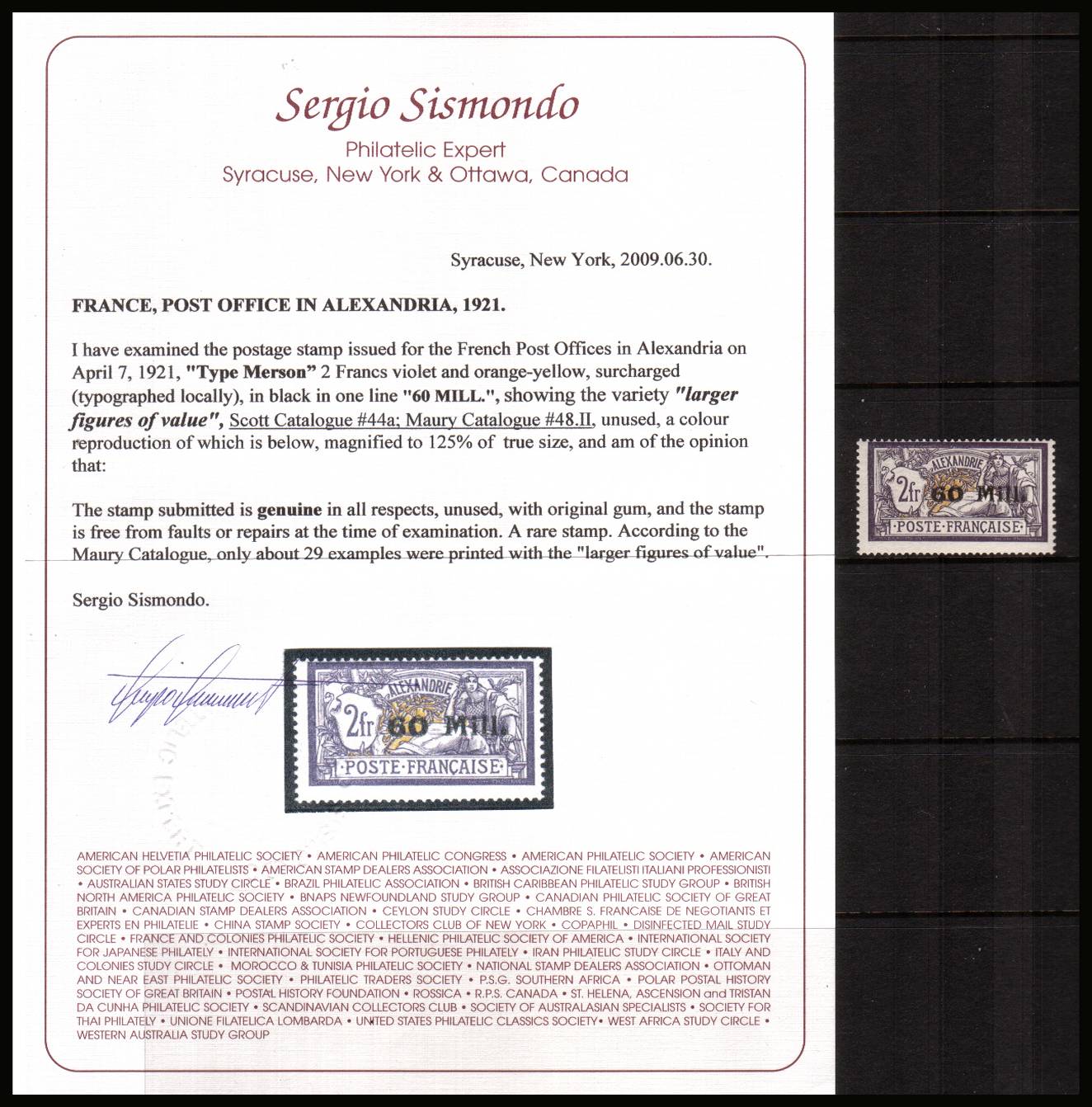 60m on 2Fr Deep Lilac and Buff<br/>
A light mounted mint stamp with the very rare variety ''LARGER FIGURES OF VALUE'' with  bonus of a SISMONDO certificate stating only 29 were printed. SG Cat for basic stamp 2500 alone!<br/><b>QKX</b>