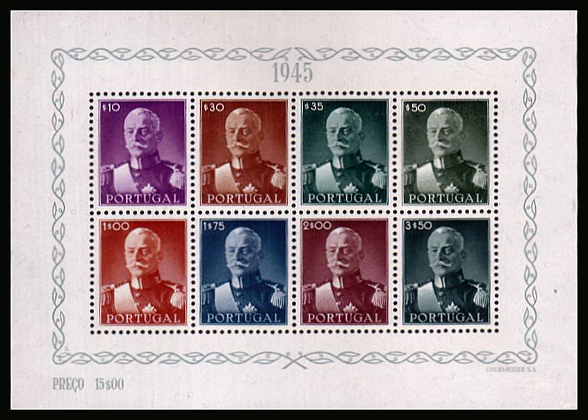 The President Carmona minisheet of eight.<br/>
The sheet is lightly mounted in two places on the margin thus the stamps are superb unmounted. SG Cat 325
<br/><b>QKX</b>
