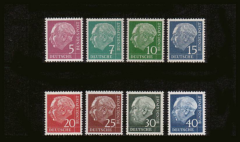The President Heuss<br/>set of eight with
fluorescent printings all superb unmounted mint. Rare set!<br/>SG Cat 100+
