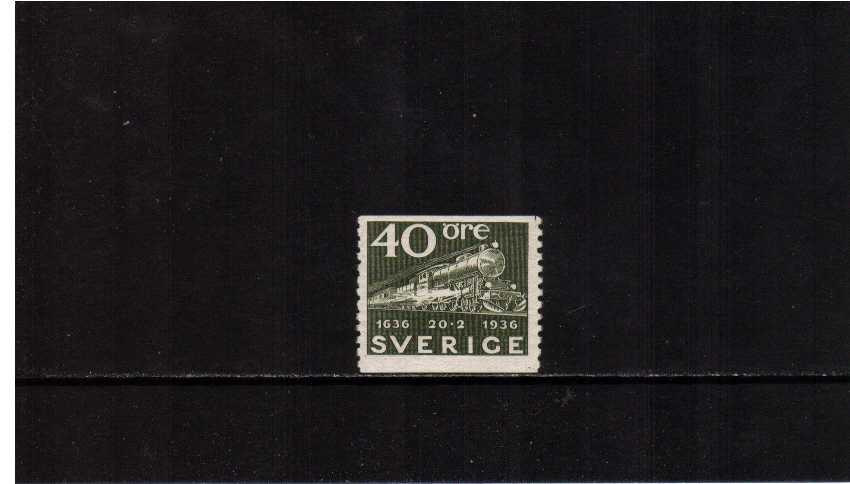 Tercentenary of Swedish Post 40o Deep Olive showing Steam Locomotive and mail train superb unmounted mint.