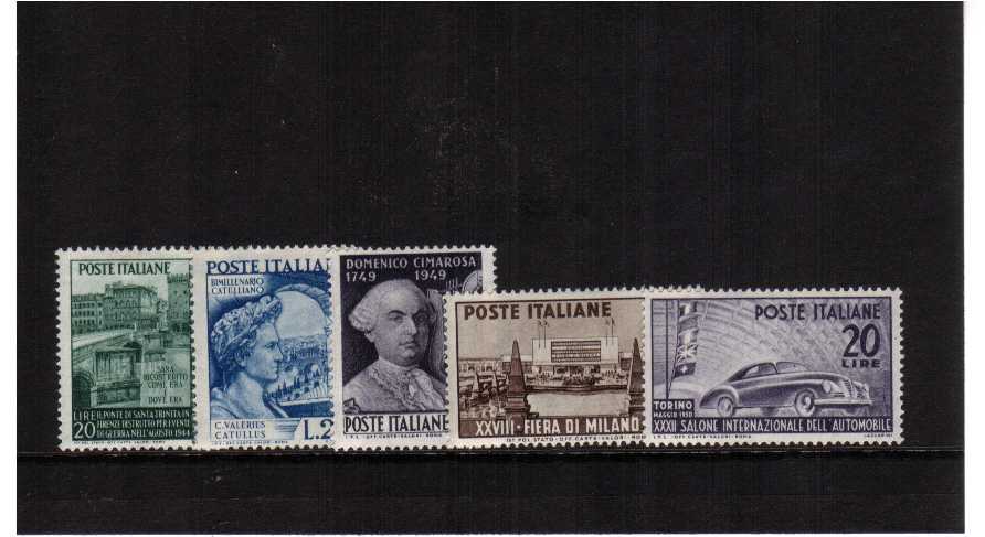 A run of lightly mounted single stamp issues from 1949 showing Holy Trinty Bridge, poet, Music Composer Cimarosa, Milan Fair and Car Exhibition SG Cat 99.75