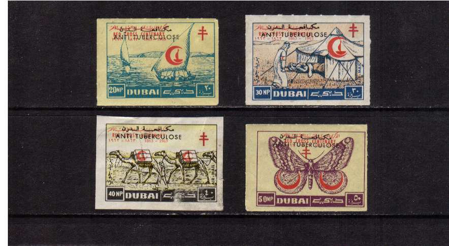 ANTI TUBERCULOSE overprint on Red Cross set of four unmounted mint. The stamps are the rouletted version.  The 40np has a surface scuff reflected in the price. Very scarce set.