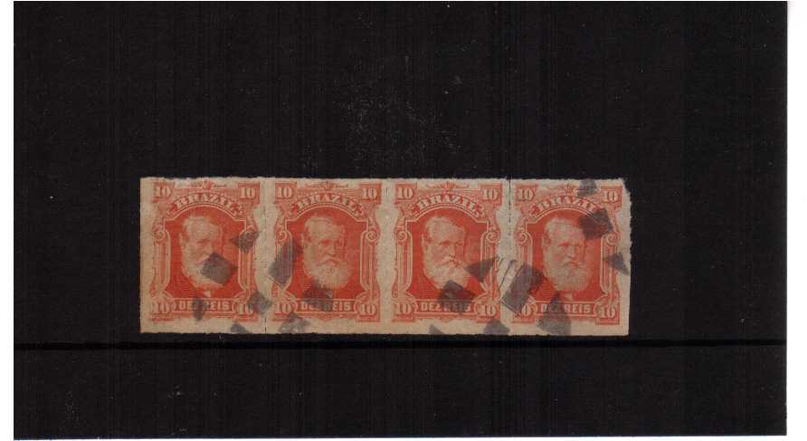 10r Red in a fine used strip of four