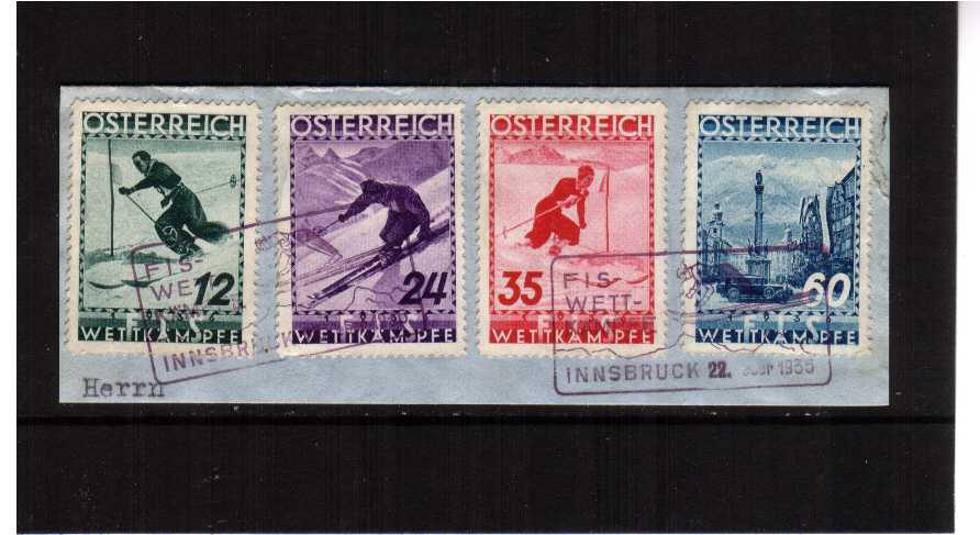 Ski Championship set of four superb fine used tied to a small piece with the special commemorative cancel dated 22 Feb 1936. SG Cat 96
