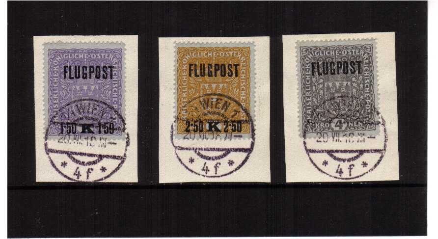 air set of three overprinted FLUGPOST each tied to a small piece