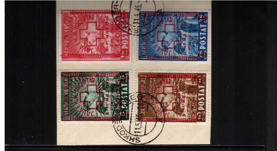 Red Cross Fund surcharged with Red Cross set of four superb fine used tied to a small piece that is bigger than in the scan - the cancels are complete SG Cat �51