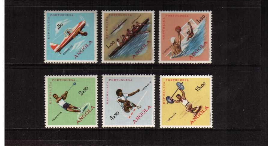 Sports set of six featuring flying, rowing, water polo, hammer, high jumping and weight lifting superb unmounted mint