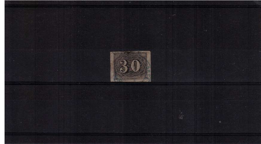 30r Black on thin Greyish paper with four reasonable margins cancelled with a small neat double ring cancel in Blue.