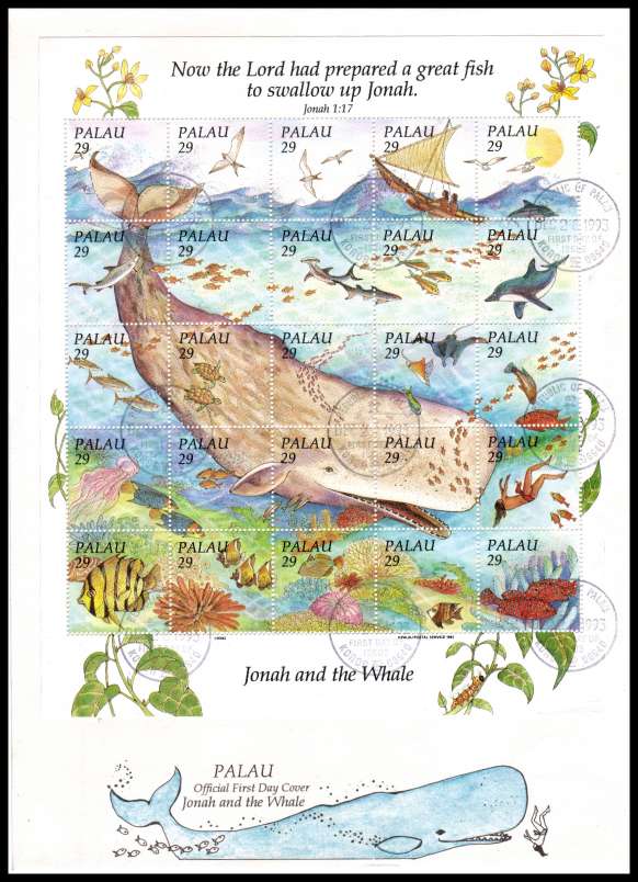 Jonah and the Whale sheelet of twentyfive on an illustrated first day cover