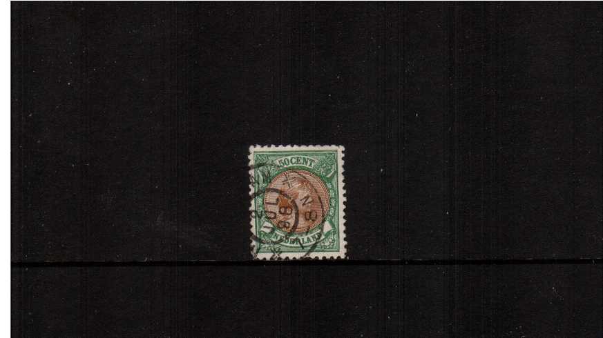 50c Brown and Yellow- Green - Perforation 11<br/>A superb fine used stamp cancelled with a double ring CDS dated 2 JUL 98.<br/>SG Cat 325