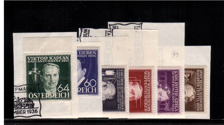 Welfare Funds - Austrian Inventors<br/>A superb fine used set of six each tied to small piece<br/>(ex First Day Cover) tied with the special WIEN handstamp.