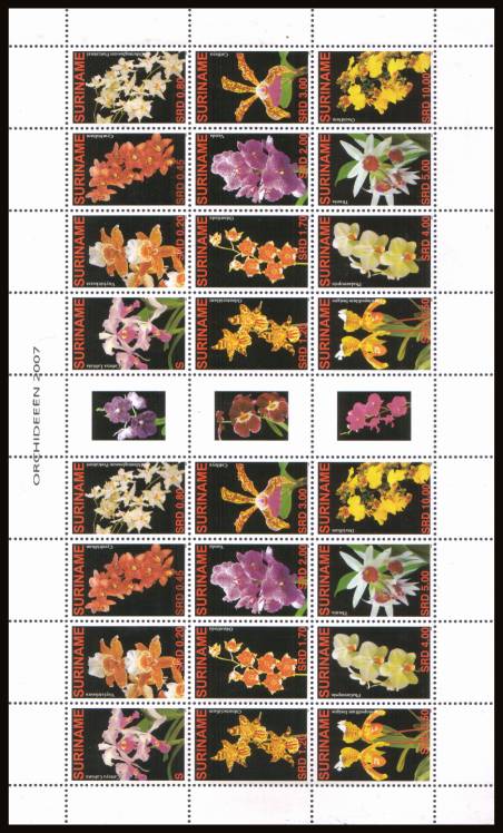 The Orchids complete sheet showing two blocks of twelve with the bonus of the gutter labels. Rare sheet. SG catalogue (2008 edition) lists at 36 x2