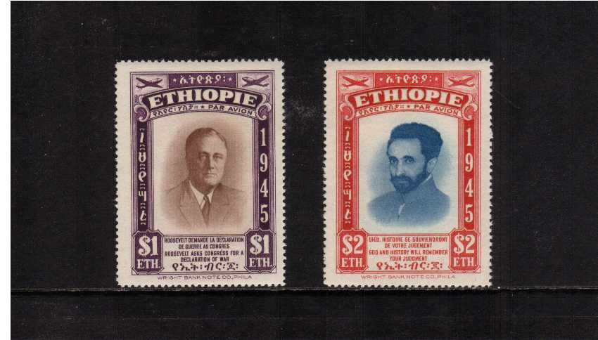 Death Anniversary of President Roosevelt AIR set of two superb unmounted mint showing the Roosevelt and Emperor Haile Selassie.
