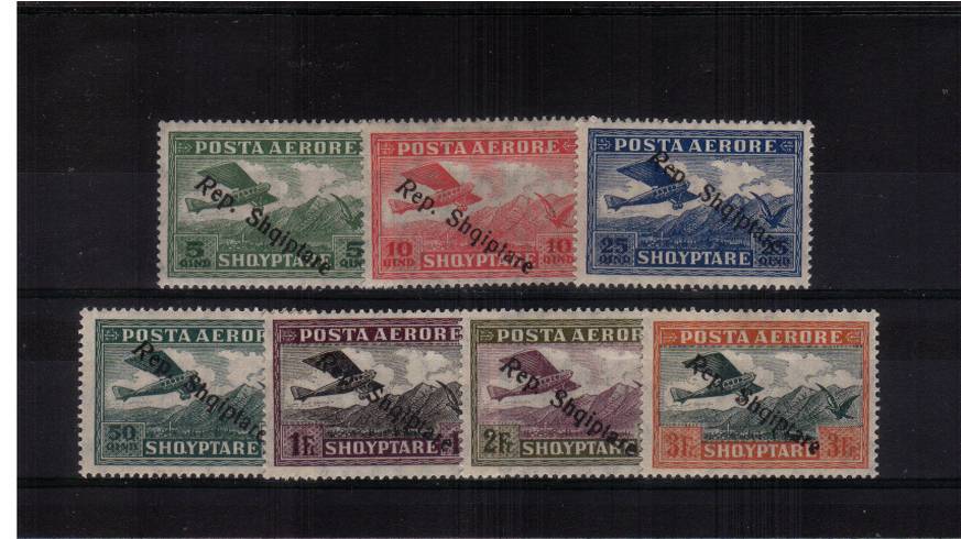 The AIR set of seven - Watermark Lozenges<br/>
overprinted REP. SHQIPTARE<br/>
A fine lightly mounted mint set of seven. SG Cat �.00