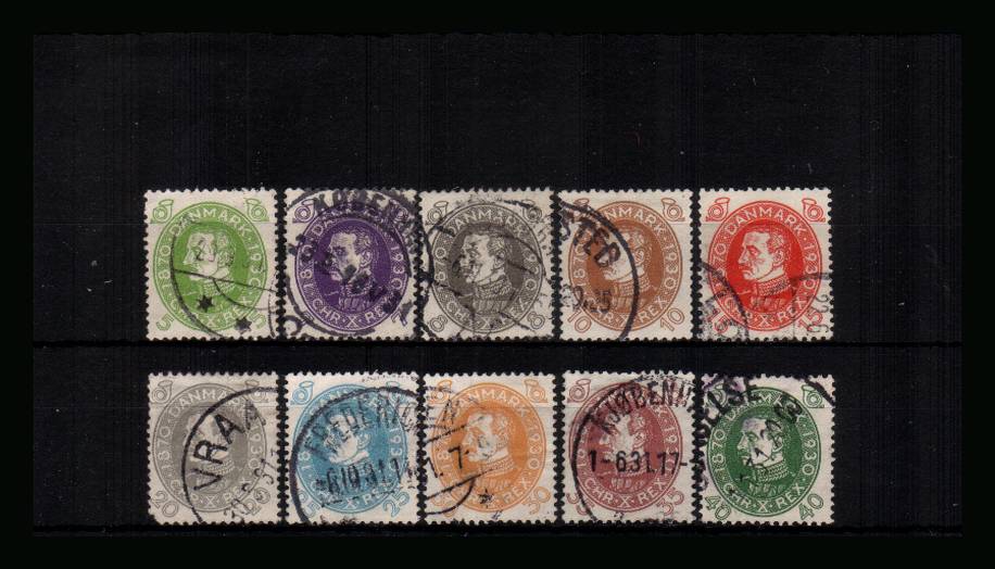 60th Birthday of King Christian X<br/>
A very fine used set of ten but with a corner fault on the 20or. SG Cat �