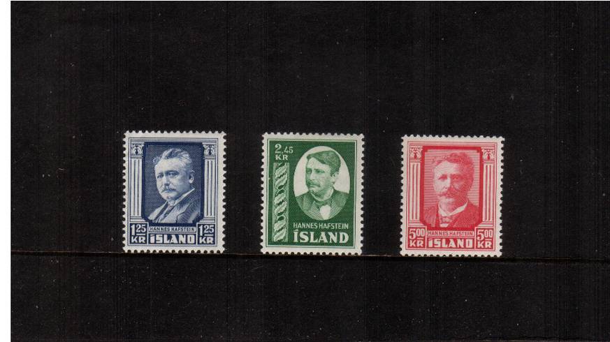 50th Anniversary of Appointment of Hafstein as First Native Minister of Iceland<br/>Set of three lightly mounted mint. SG Cat 55