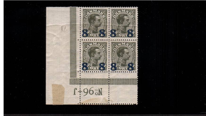 8or on 12or Olive Slate - TYPE B - King Christian X<br/>
An unmounted mint SW corner block of four<br/>with a natural horizontal gum crease affecting the top two stamps.