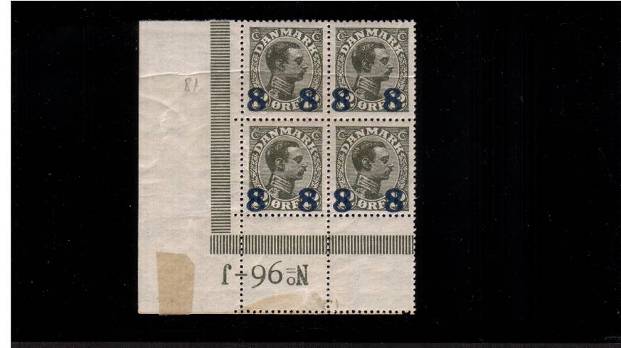 8or on 12or Olive Slate - TYPE B - King Christian X<br/>
An unmounted mint SW corner block of four<br/>with a natural horizontal gum crease affecting the top two stamps.