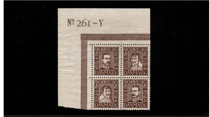 300th Anniversary of Danish Post<br/>
The 20or Brown values in a superb unmounted mint NW corner block of four