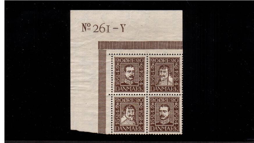 300th Anniversary of Danish Post<br/>
The 20or Brown values in a superb unmounted mint NW corner block of four