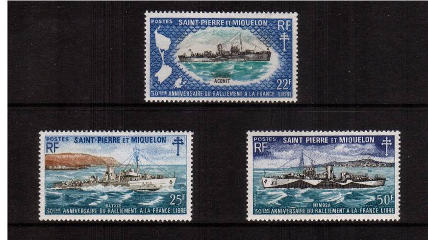 Allegiance to Free French Movement<br/>A superb unmounted mint set of three. 
<br/><b>QAQ</b>
