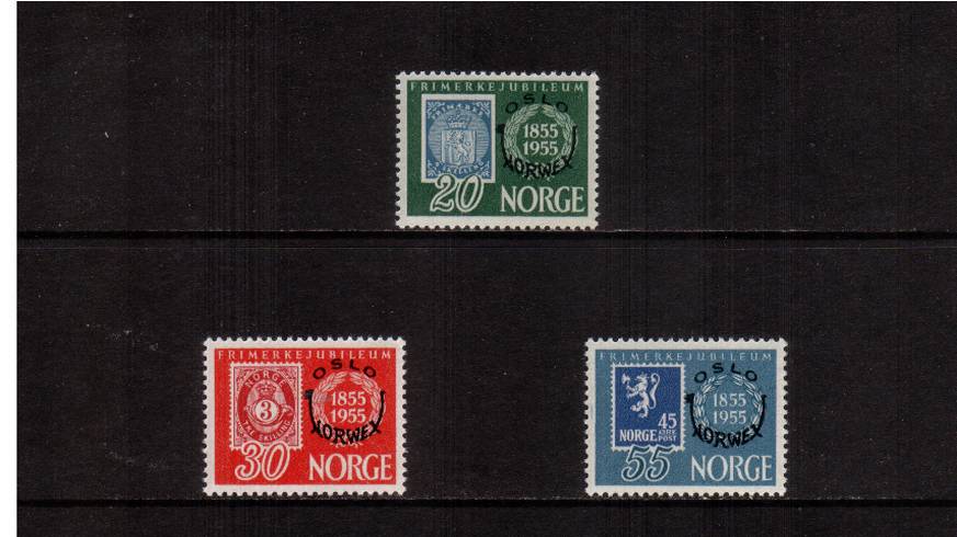 Stamp Centenary and International Stamp Exhibition - Oslo with NORWEX overprint.<br/>A superb unmounted mint set of three.
<br/>SG Cat £50.00