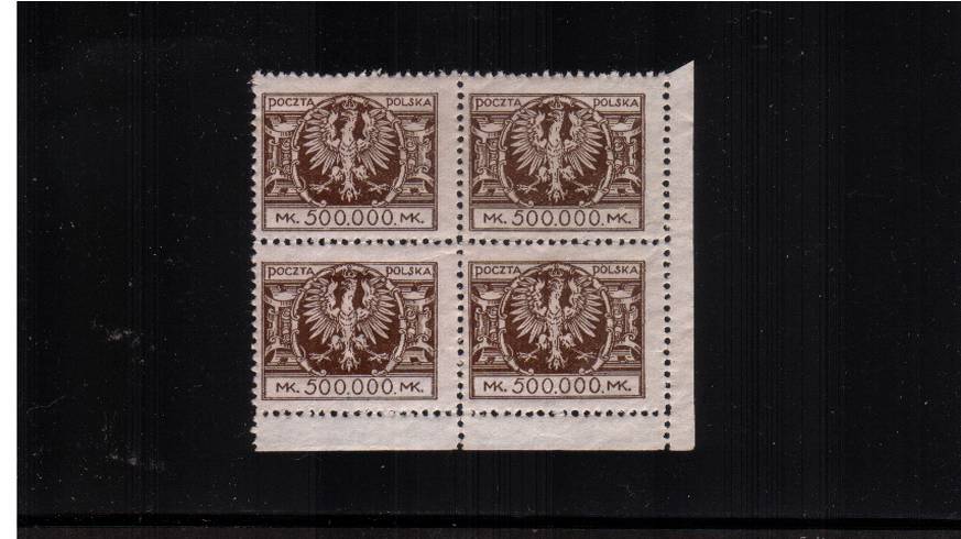 The 500,000m. Brown in a superb unmounted mint SE corner block of four.<br/>
SG Cat as mounted singles £28