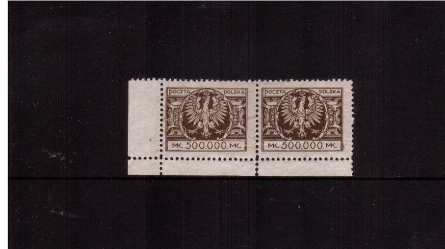 The 500,000m. Brown in a superb unmounted mint SW corner pair.<br/>
SG Cat as mounted singles £14
