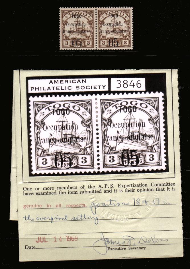 05 on 3pf Brown overprint on German Togo stamp<br/>
A superb very, very lightly mounted mint pair showing overprint Type V at left and Type IV at right. With APS Certificate. SG Cat �5.00<br/><b>QKX</b>