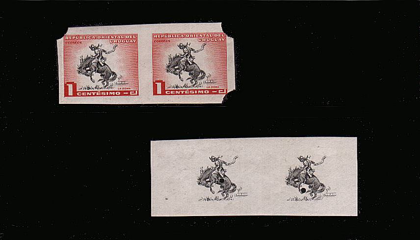 Pictorials Issue<br/>
Imperforate plate proof pairs on gummed, unwatermarked paper for the 1c Black and Scarlet.<br/>The Black print and the finished design ex WATERLOW ARCHIVES.
 
