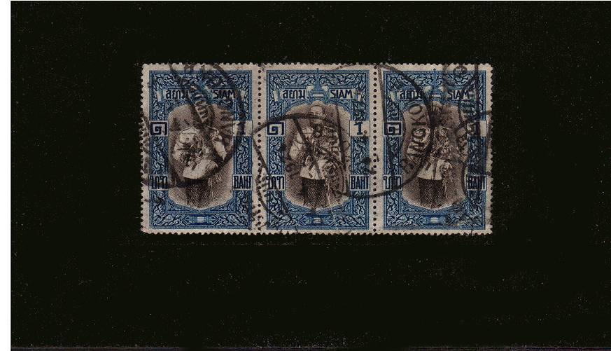 1b Sepia and Blue King Vajiravudh in a fine used strip of three - light creases