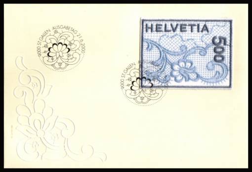 The famous St Gallen embroidery self adhesive stamp on First Day Cover. Scarce!<br/>
Please note cover is produced on Cream stock that does not scan evenly.