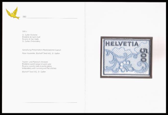 The famous St Gallen embroidery self adhesive stamp on presentation card.