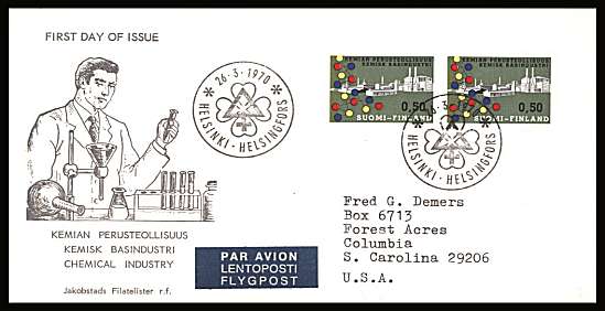 Finnish Chemical Industry single as a pair
<br/>on an illustrated First Day Cover with special cancel<br/><br/>


Note: The MICHEL catalogue prices a FDC at x6 times the used set price