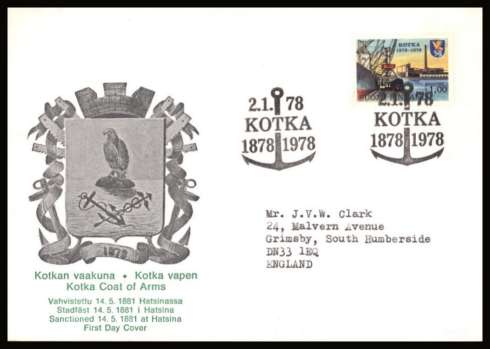 Centenary of Kotka - Harbour and Ship single
<br/>on an illustrated First Day Cover with special cancel<br/><br/>


Note: The MICHEL catalogue prices a FDC at x6 times the used set price