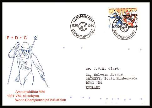 Biathlon World Championship single
<br/>on an illustrated First Day Cover with special cancel<br/><br/>


Note: The MICHEL catalogue prices a FDC at x7 times the used set price