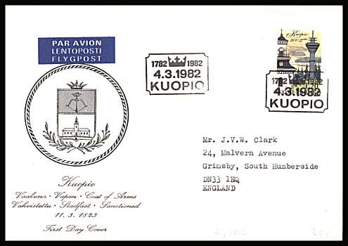 Bicentenary of Kuopio single
<br/>on an illustrated First Day Cover with special cancel<br/><br/>


Note: The MICHEL catalogue prices a FDC at x7 times the used set price