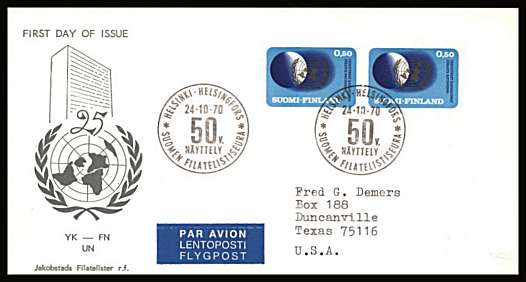 Finnish Co-opration with United Nations<br/>
The 50p value as a pair 
<br/>on an illustrated First Day Cover with special cancel<br/><br/>


Note: The MICHEL catalogue prices a FDC at x6 times the used set price