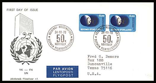 Finnish Co-opration with United Nations<br/>
The 50p value as a pair 
<br/>on an illustrated First Day Cover with special cancel<br/><br/>


Note: The MICHEL catalogue prices a FDC at x6 times the used set price