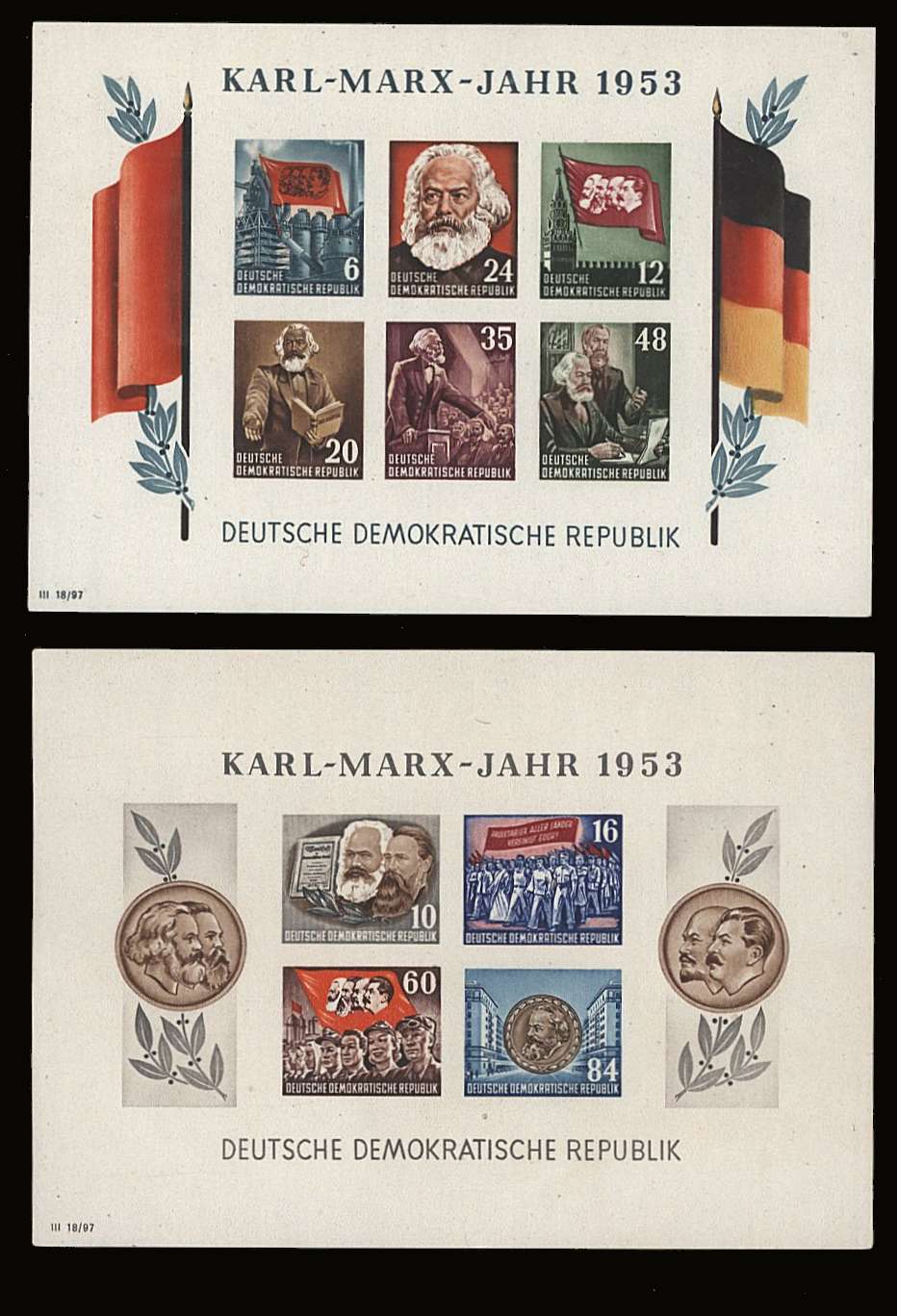 The Karl Marx pair of IMPERFORATE minisheets superb unmounted mint.<br/>SG Cat £250