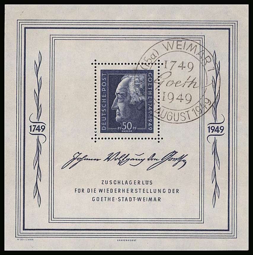 Goethe Festival Week minisheet<br/>
A superb fine used sheet cancelled with the special commemorative cancel.<br/>SG Cat £700 
<br><b>QQM</b>