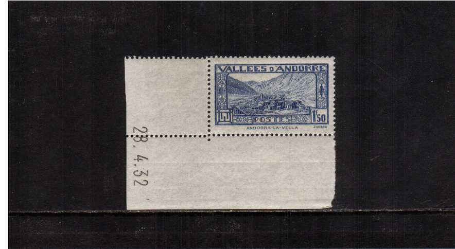 1.50F Royal Blue. A superb unmounted mint sheet corner single also showing printing date.