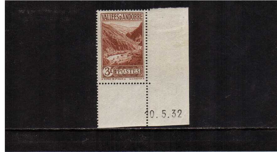 3F Chestnut .A superb unmounted mint sheet corner single also showing printing date.