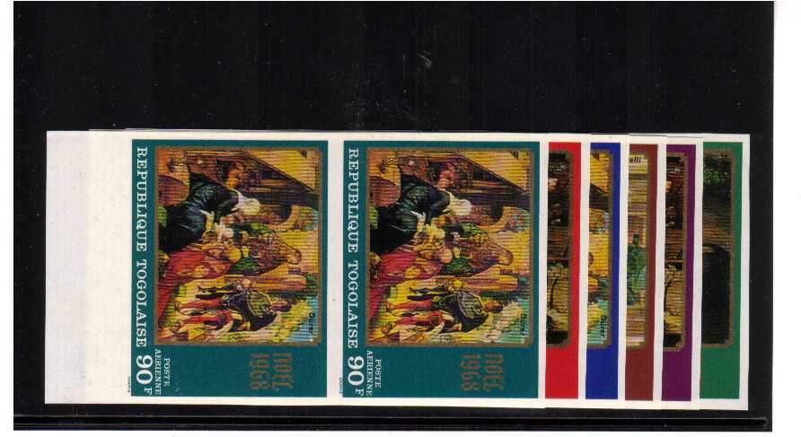 Christmas paintings set of six IMPERFORATE vertical marginal pairs superb unmounted mint