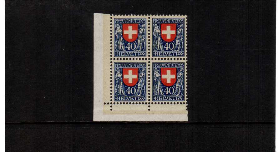Pro Juventute top value from the 1923 set in a superb unmounted mint SW corner block of 4. Very pretty!
