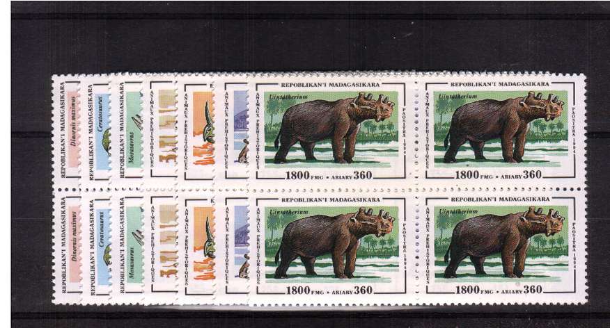Dinosaurs - Prehistoric Animals set of seven in  superb unmounted mint blocks of four.