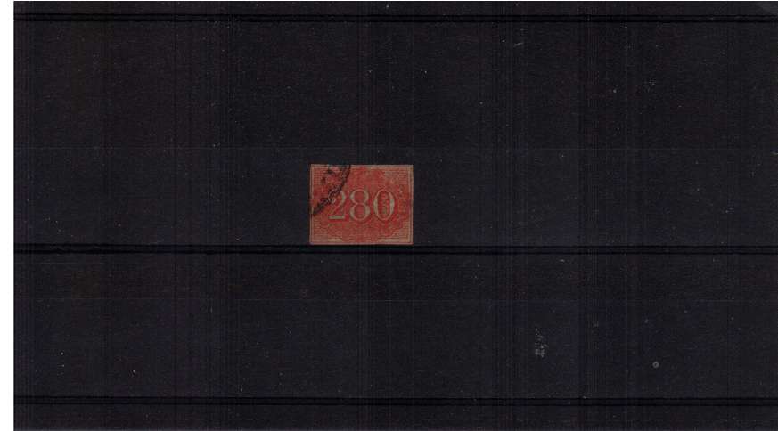 280r Vermilion on Yellowish paper. A fine used stamp with four close margins. SG Cat �0