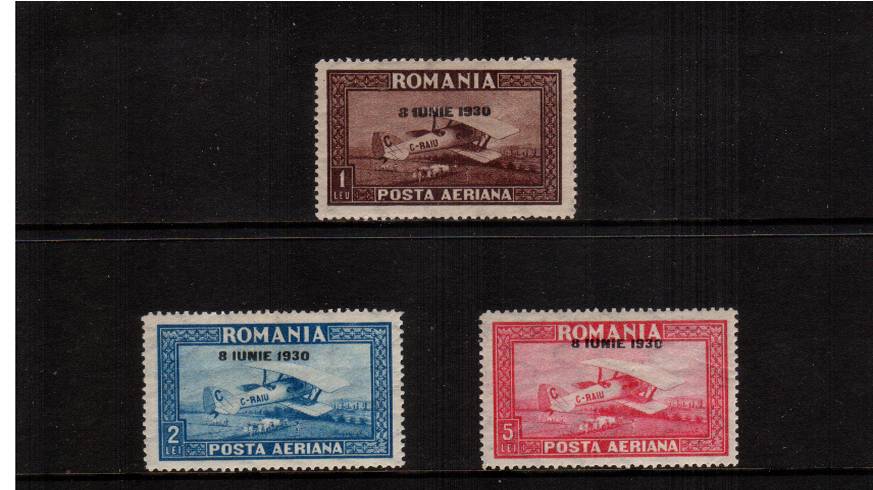 The AIR set of three with 8 IUNIE 1930 overprint with VERTICAL watermark
<br/>A fine lightly mounted mint set of three.